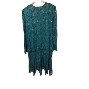 VINTAGE 1980's CHANNA Lace Teal Sequin Beaded Embellished Dress India Womens 3X